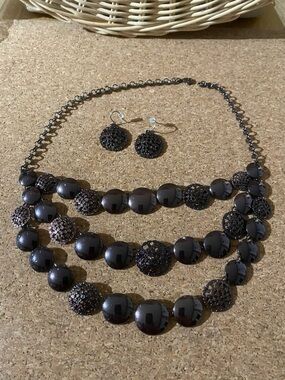 Three-Strand Brown Metal Disc Necklace with Matching Earrings - Unbranded